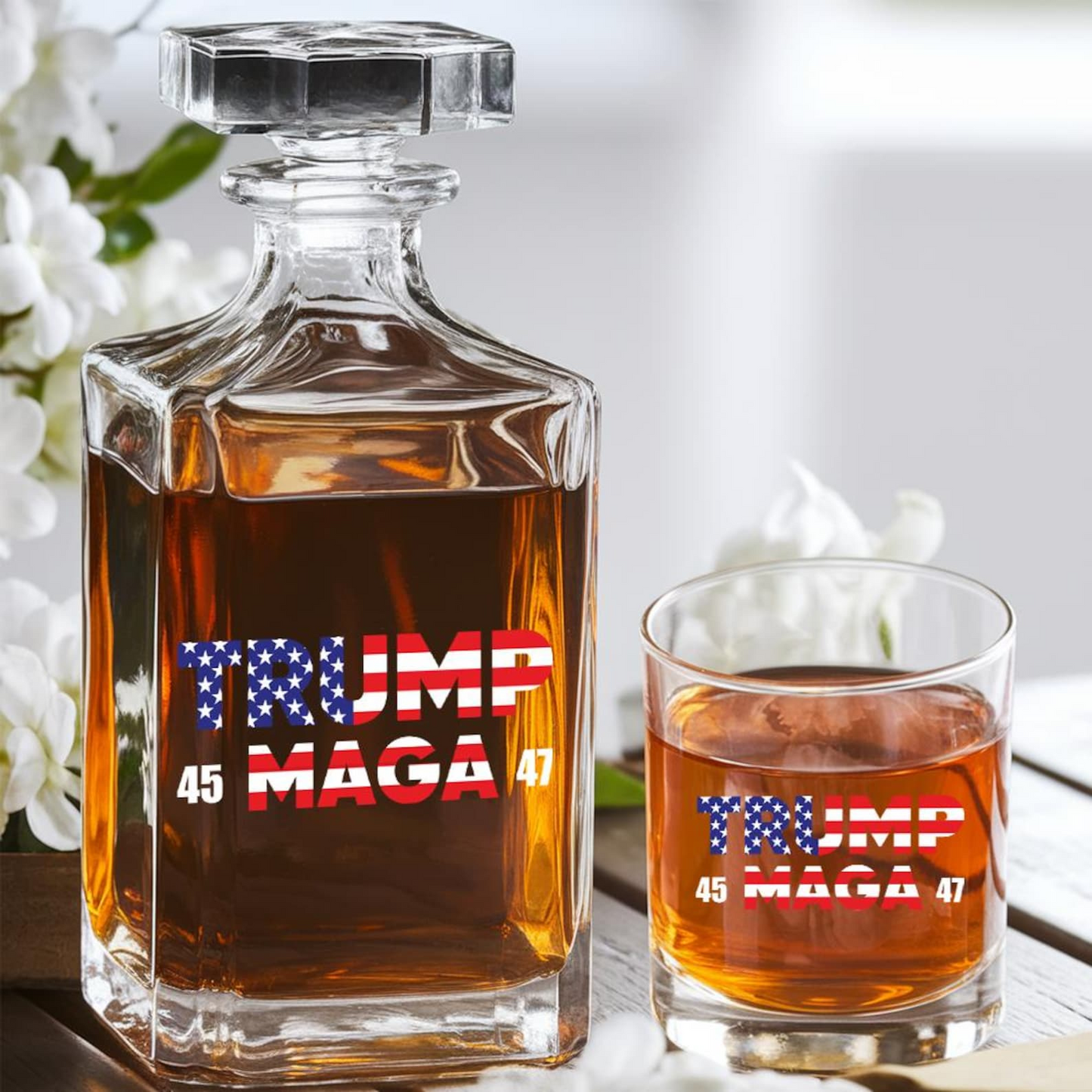 Trump Maga 45 47 Decanter & Whiskey Glass Set | Patriotic Gift | Engraved Whiskey Decanter