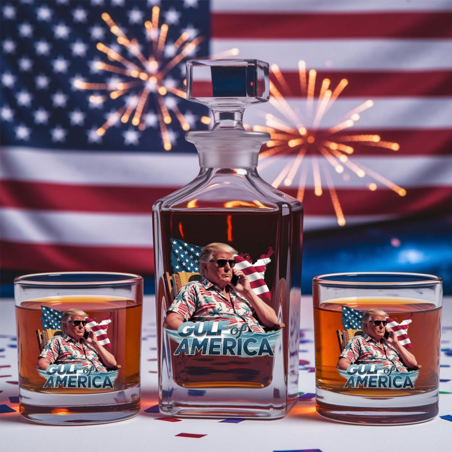 Donald Trump Gulf Of America Decanter & Whiskey Glass Set | Patriotic Gift | Engraved Whiskey Decanter
