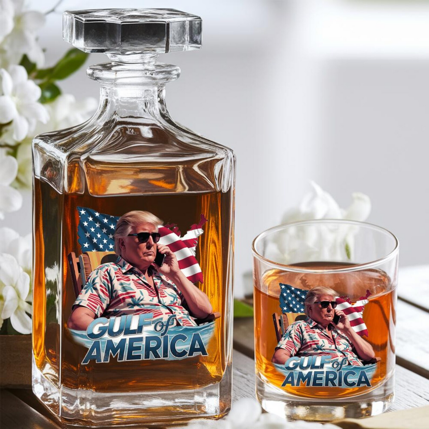 Donald Trump Gulf Of America Decanter & Whiskey Glass Set | Patriotic Gift | Engraved Whiskey Decanter