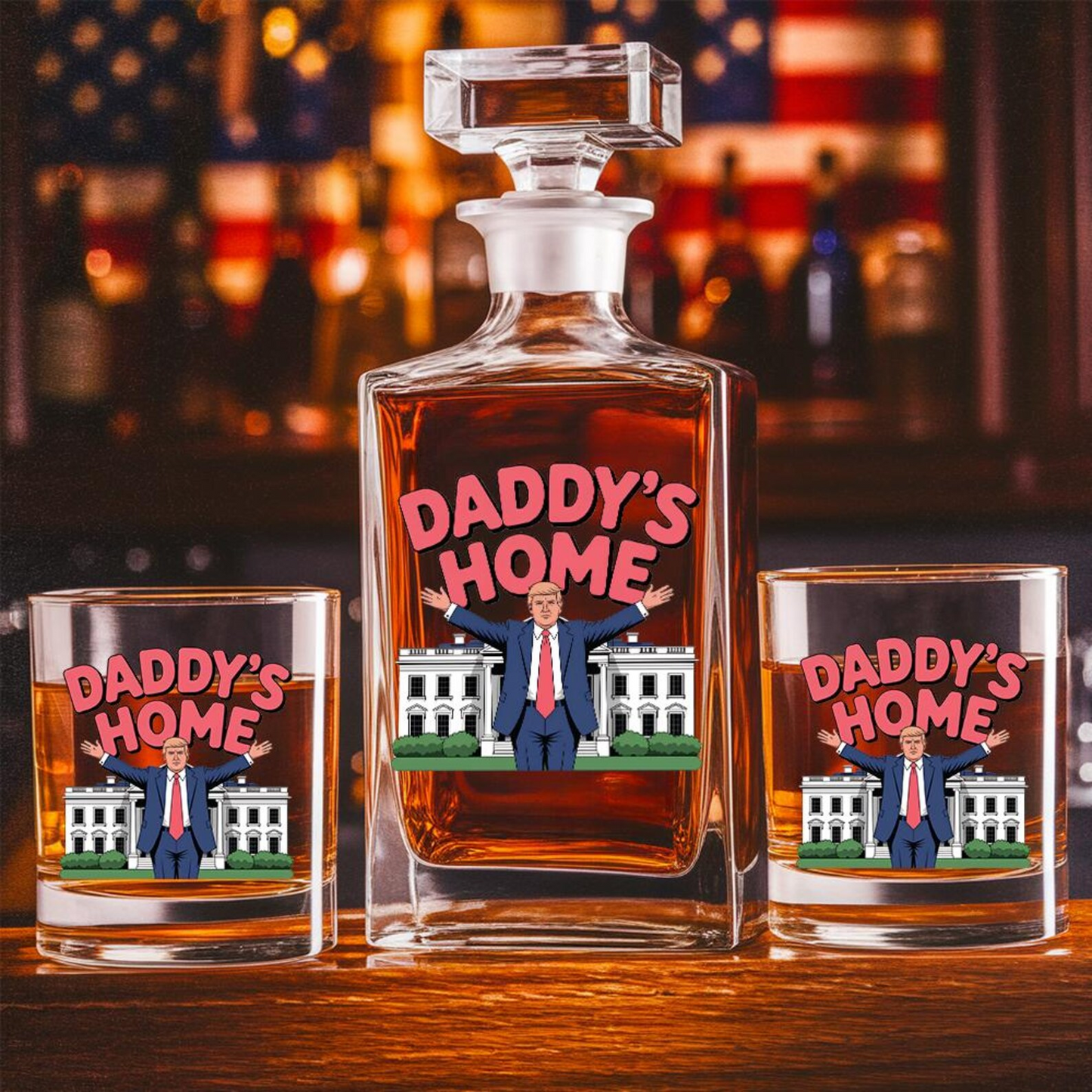 Donald Trump Daddy's Home Decanter & Whiskey Glass Set | Patriotic Gift | Engraved Whiskey Decanter