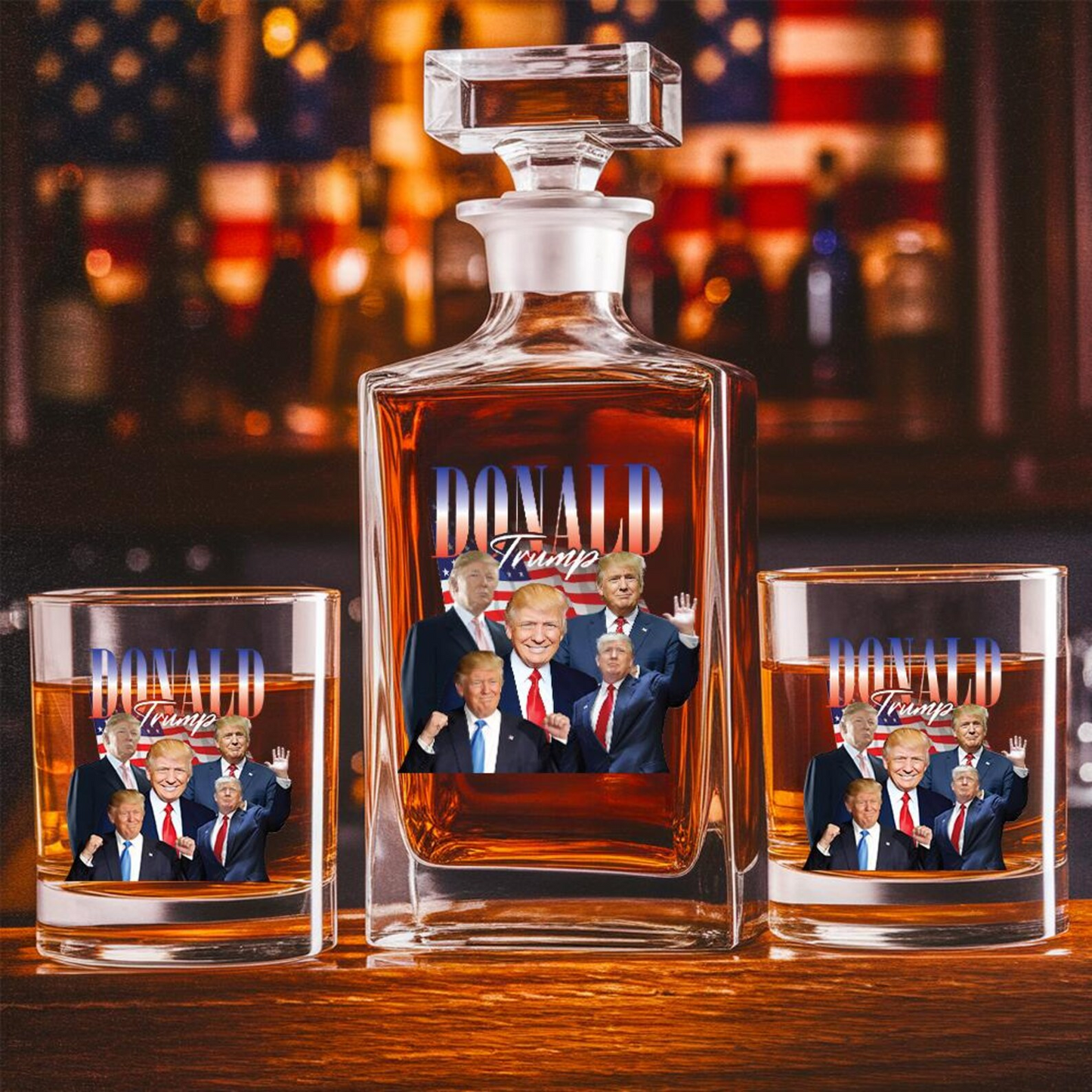 Donald Trump Decanter & Whiskey Glass Set | Patriotic Gift | Engraved Whiskey Decanter