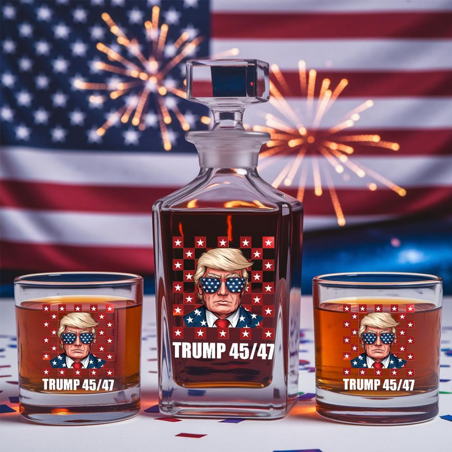 President Donald Trump Decanter & Whiskey Glass Set | Patriotic Gift | Engraved Whiskey Decanter