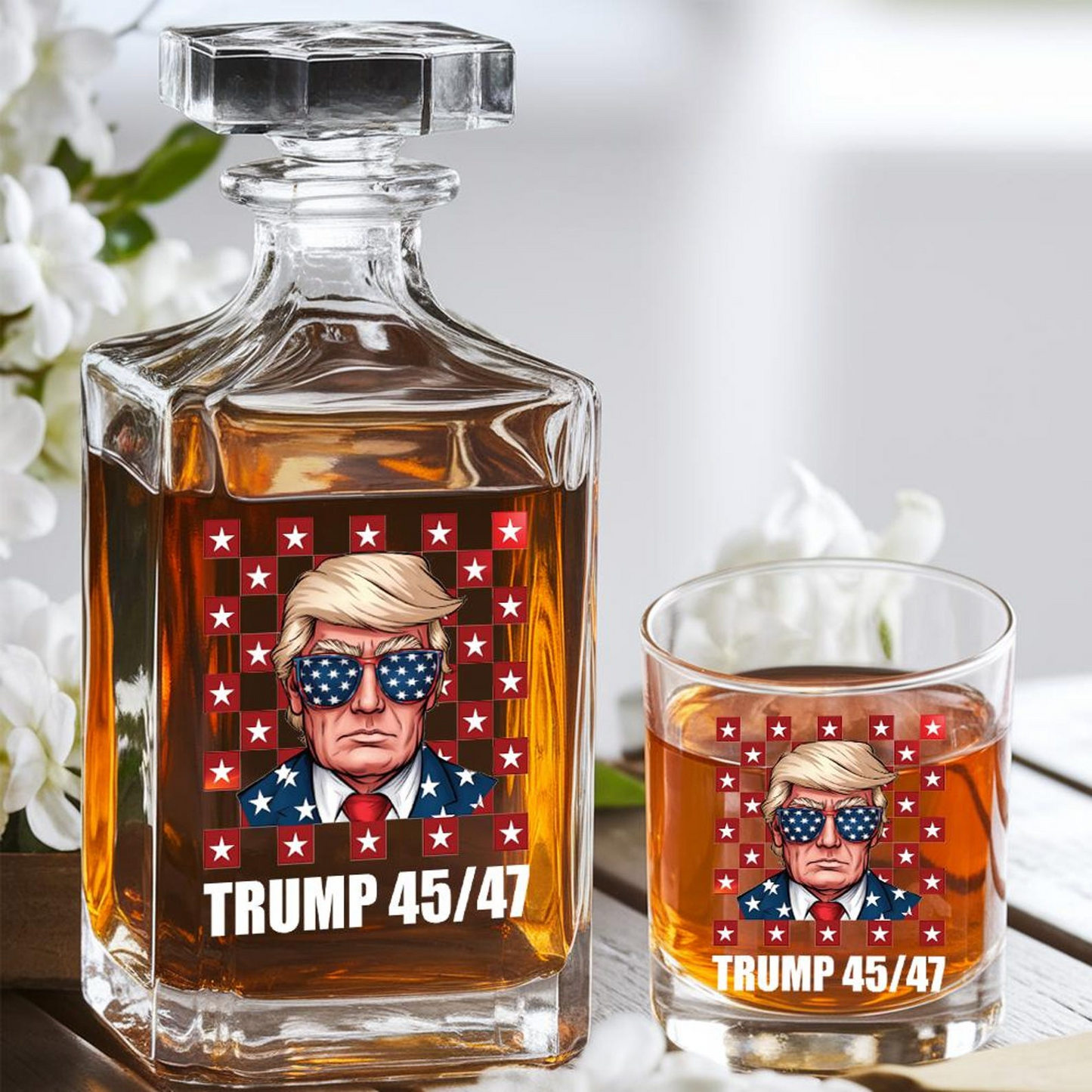President Donald Trump Decanter & Whiskey Glass Set | Patriotic Gift | Engraved Whiskey Decanter