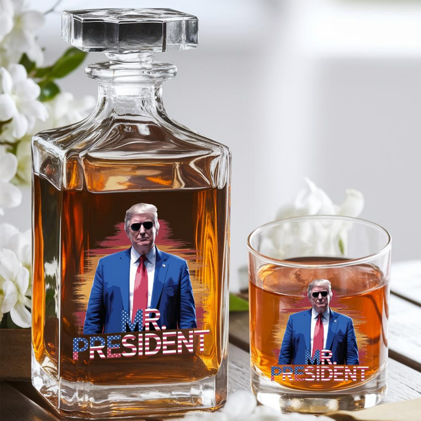 President Donald 47 Trump Decanter & Whiskey Glass Set | Patriotic Gift | Engraved Whiskey Decanter