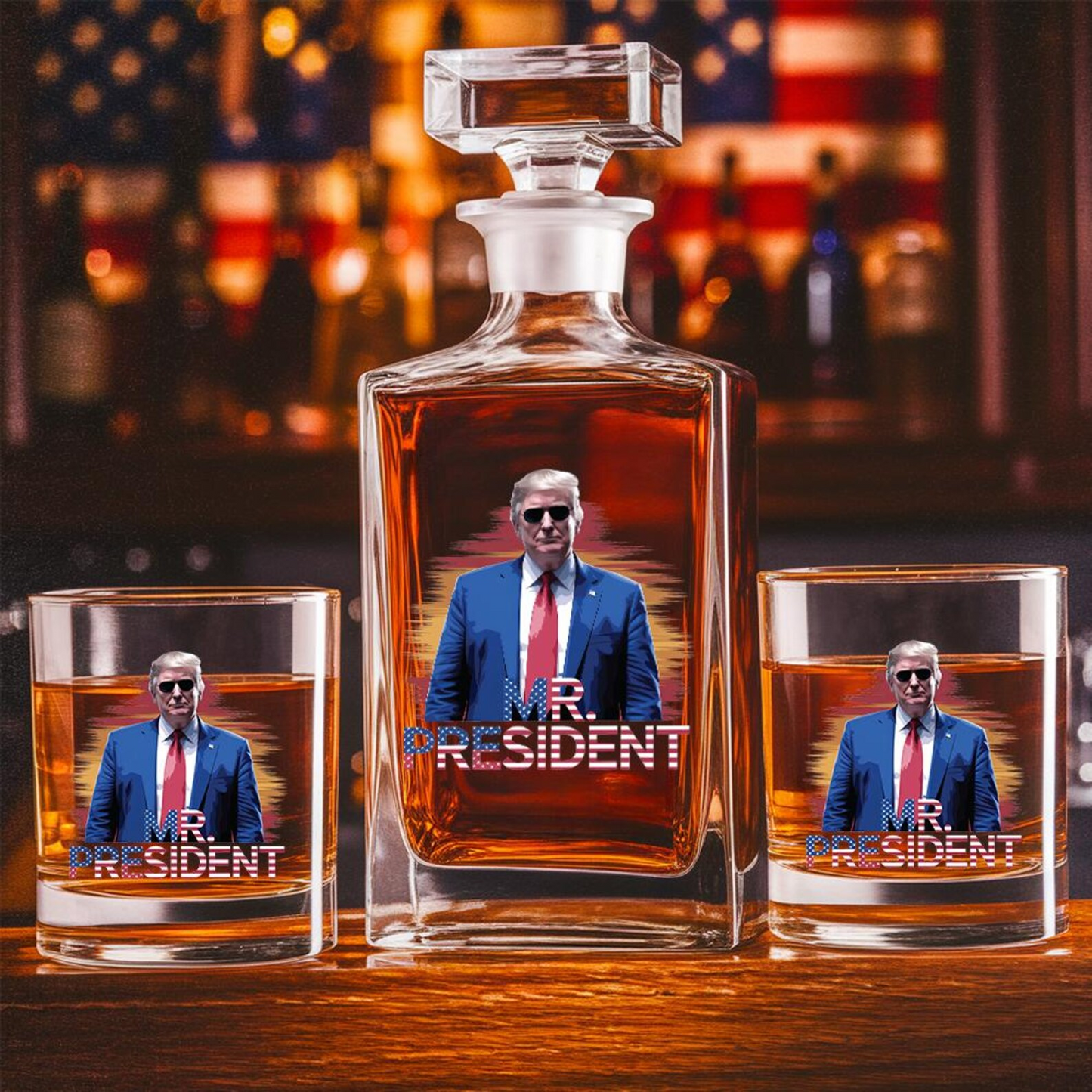 President Donald 47 Trump Decanter & Whiskey Glass Set | Patriotic Gift | Engraved Whiskey Decanter