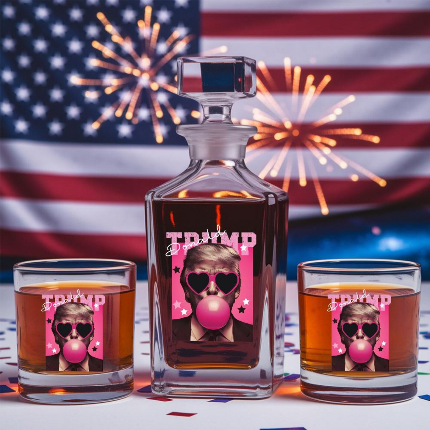 Funny President Donald Trump Blowing Pink Bubble Decanter & Whiskey Glass Set | Patriotic Gift | Engraved Whiskey Decanter