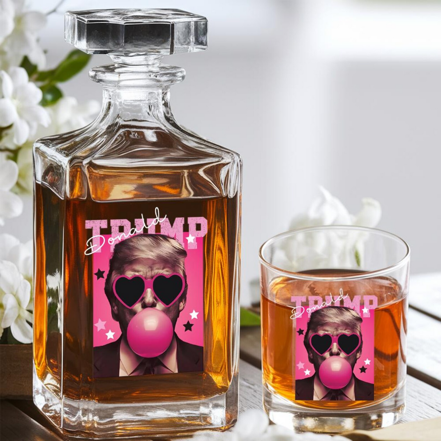 Funny President Donald Trump Blowing Pink Bubble Decanter & Whiskey Glass Set | Patriotic Gift | Engraved Whiskey Decanter