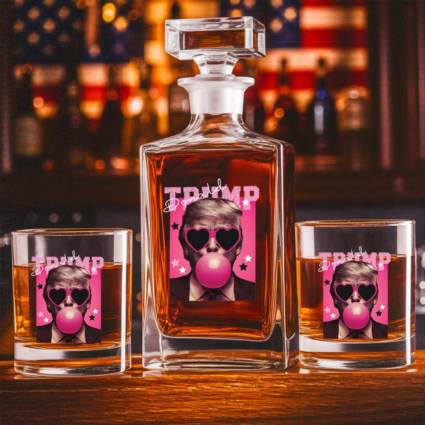 Funny President Donald Trump Blowing Pink Bubble Decanter & Whiskey Glass Set | Patriotic Gift | Engraved Whiskey Decanter