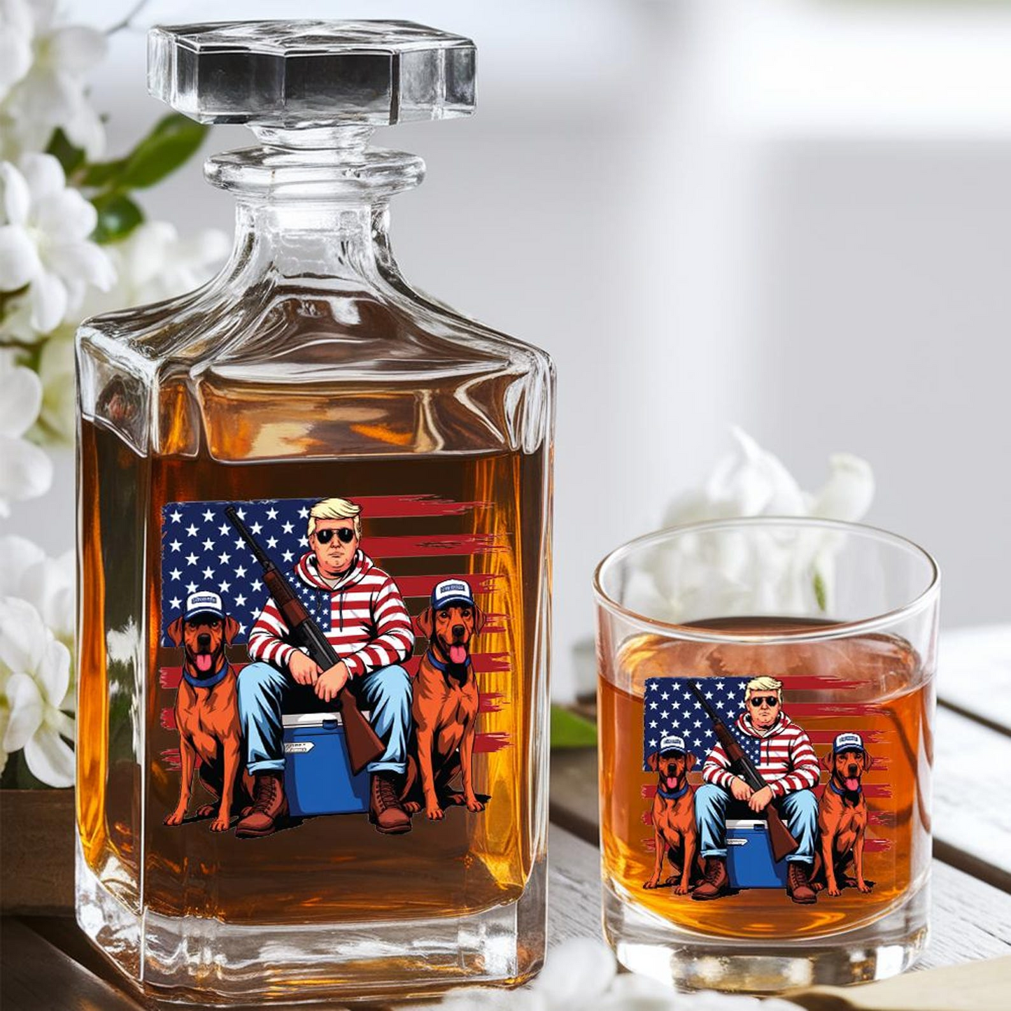 Hunting Trump Decanter & Whiskey Glass Set | Engraved Whiskey Decanter | Gift For Trump Supporters
