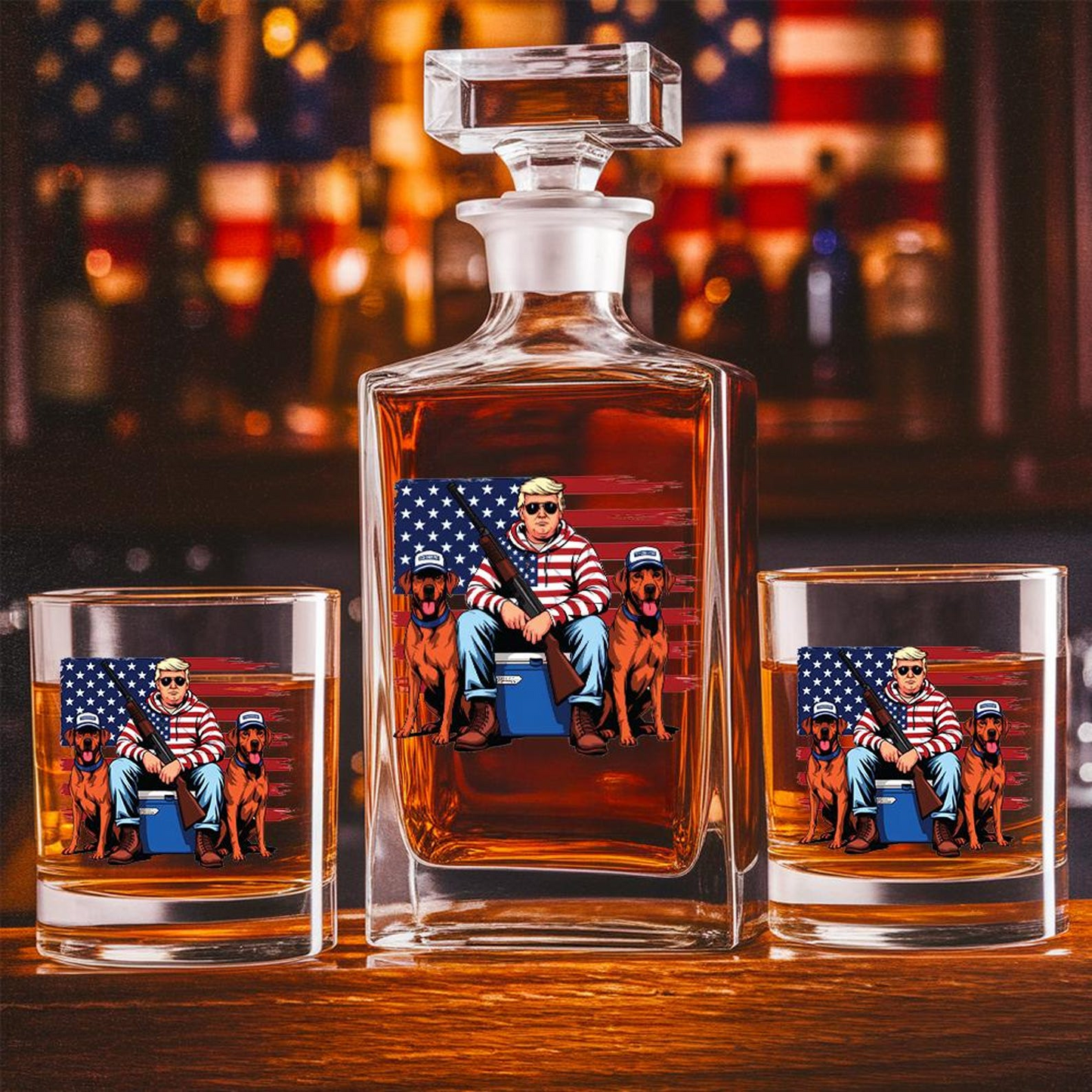 Hunting Trump Decanter & Whiskey Glass Set | Engraved Whiskey Decanter | Gift For Trump Supporters