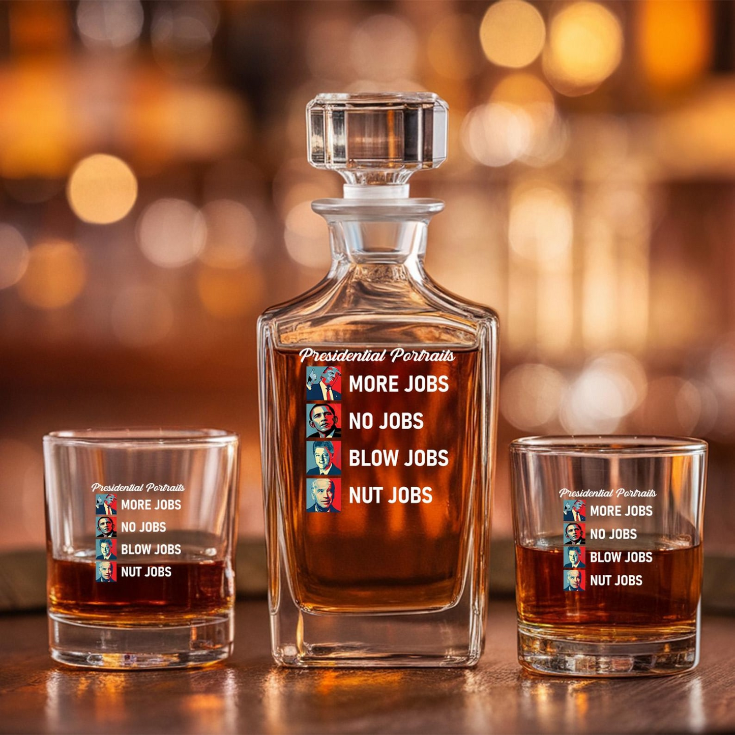 Presidential Portraits Donald Trump More Jobs Decanter & Whiskey Glass Set | Patriotic Gift | Funny Engraved Whiskey Decanter