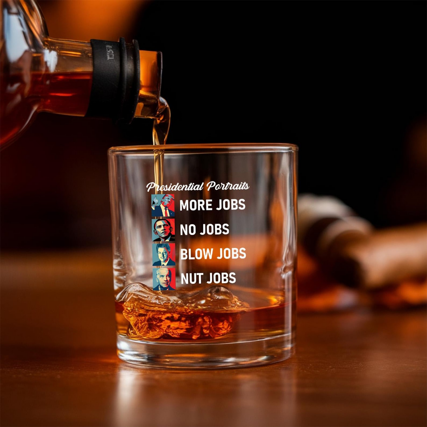 Presidential Portraits Donald Trump More Jobs Decanter & Whiskey Glass Set | Patriotic Gift | Funny Engraved Whiskey Decanter