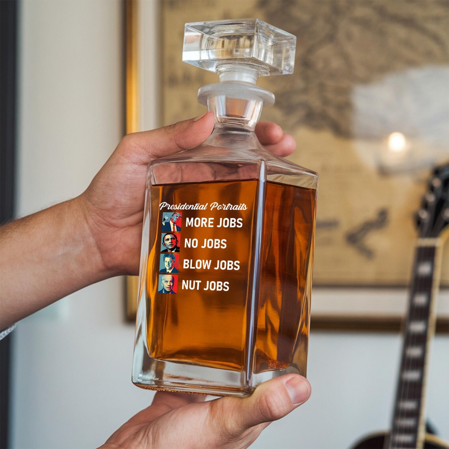 Presidential Portraits Donald Trump More Jobs Decanter & Whiskey Glass Set | Patriotic Gift | Funny Engraved Whiskey Decanter