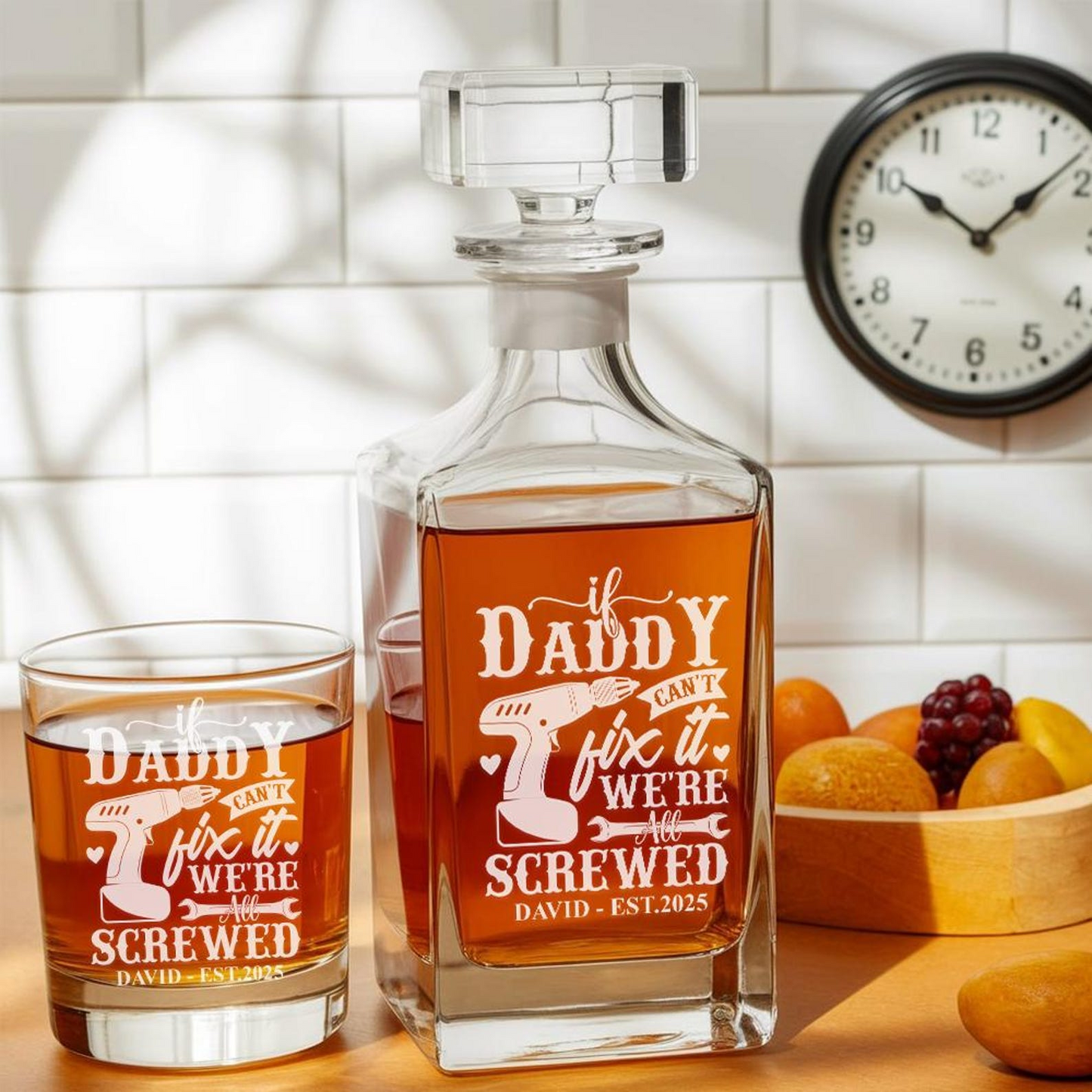 Personalized Daddy I Can't Fix It Whiskey Glass And Decanter Set | Father's Day Gift | Engraved Gift For Dad