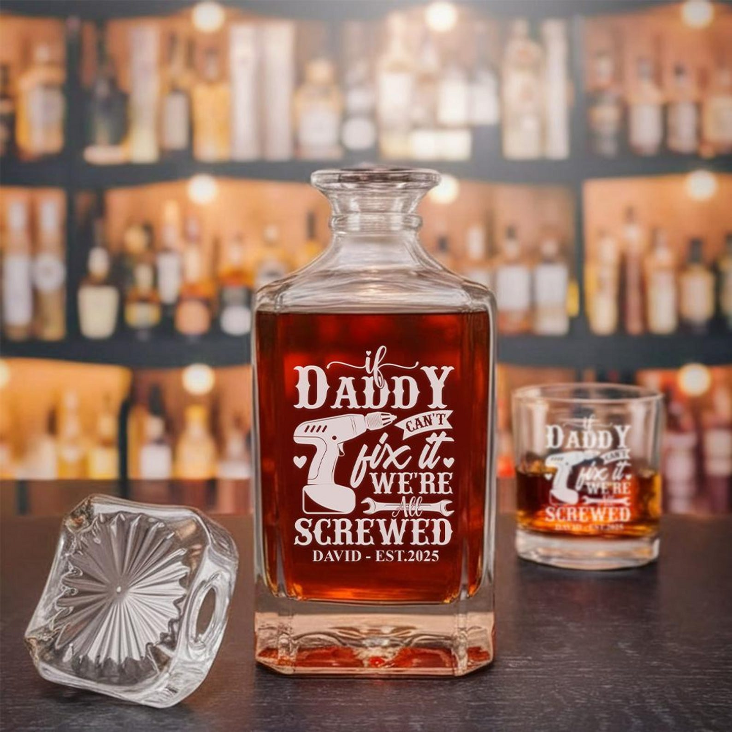 Personalized Daddy I Can't Fix It Whiskey Glass And Decanter Set | Father's Day Gift | Engraved Gift For Dad