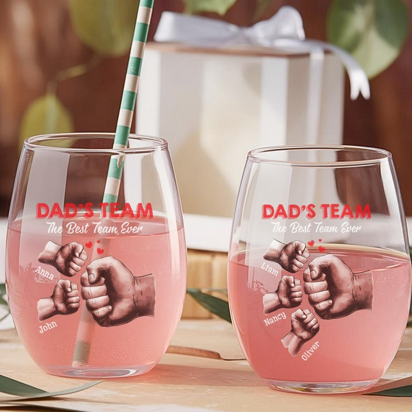 Personalized Dad's Team Wine Glass | Custom Stemless Wine Glass For Dad | Father's Day Gift