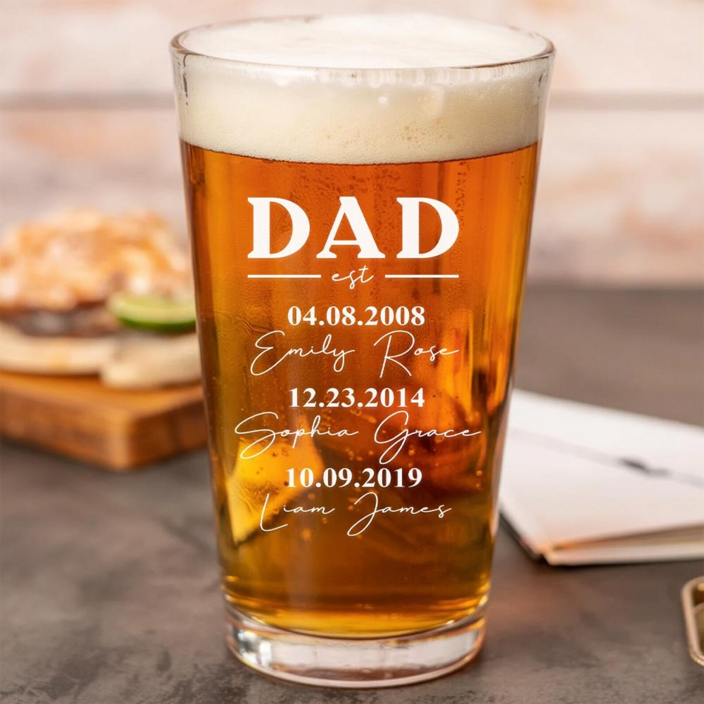 Personalized Dad With Kid's Names Beer Pint Glass | Best Gift For Dad | Engraved Pint Glass