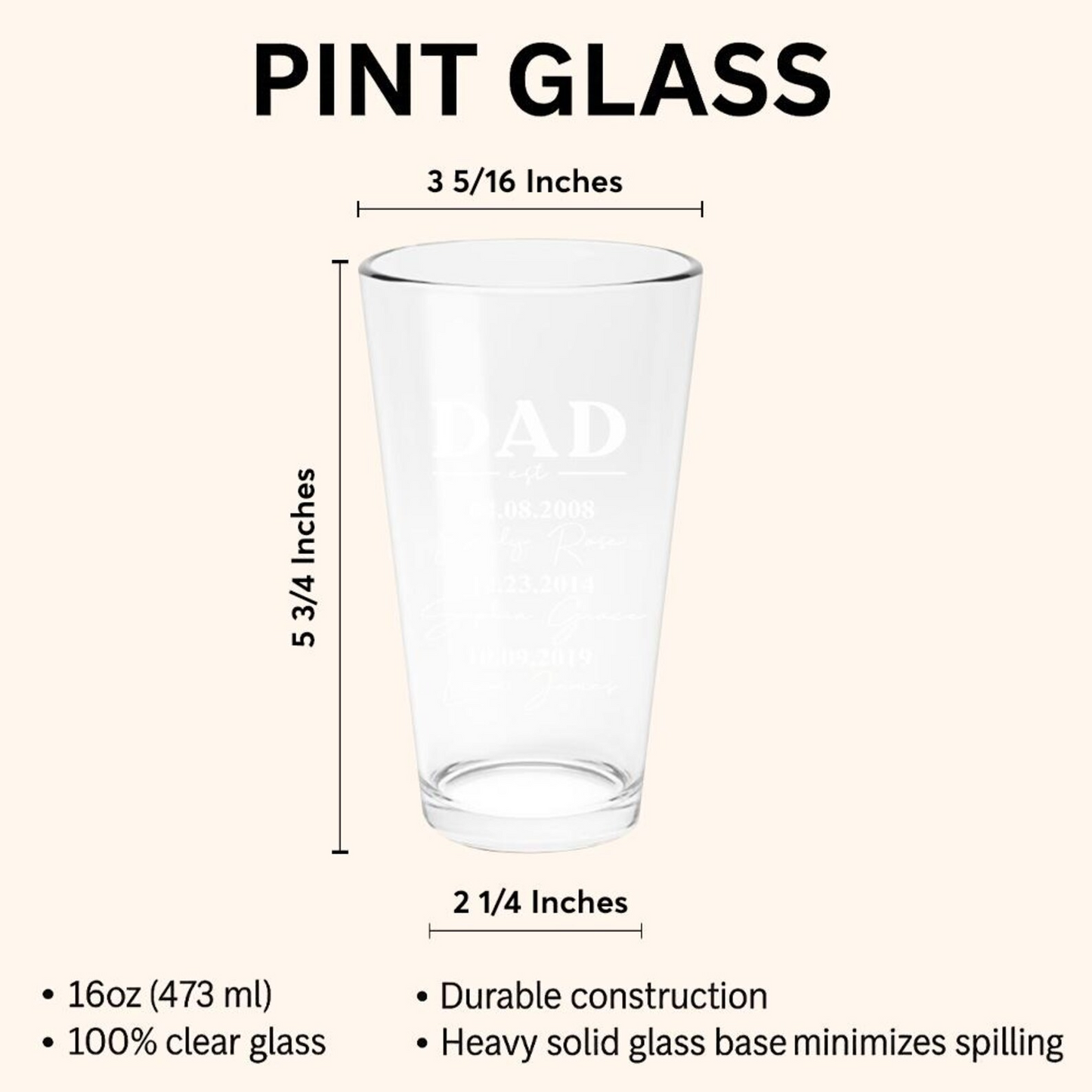 Personalized Dad With Kid's Names Beer Pint Glass | Best Gift For Dad | Engraved Pint Glass