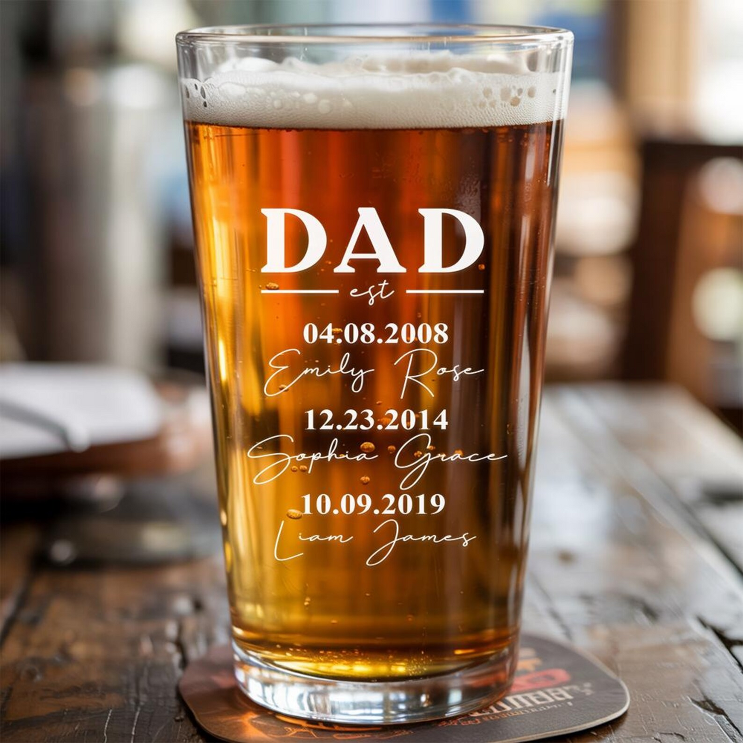 Personalized Dad With Kid's Names Beer Pint Glass | Best Gift For Dad | Engraved Pint Glass