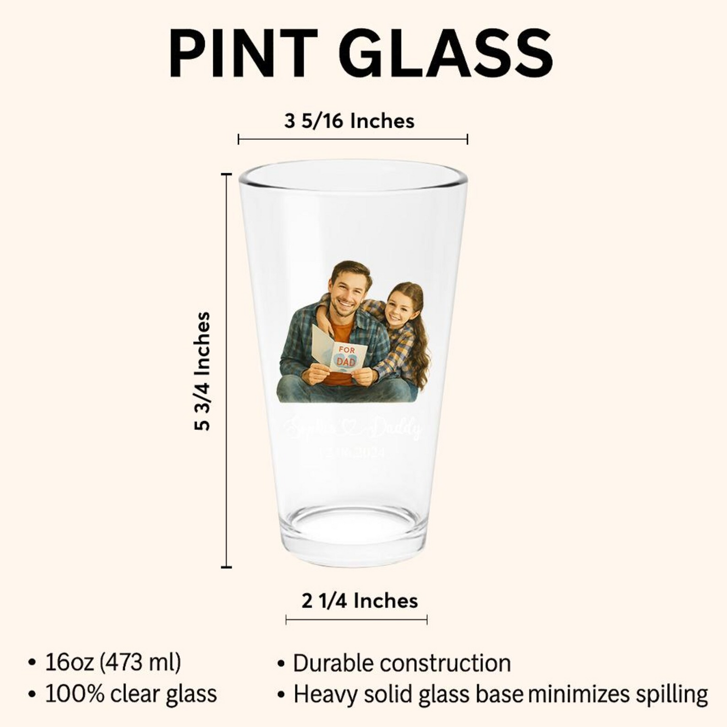 Custom Name & Photo Pint Glass | Best Gift For Dad | Engraved Pint Glass