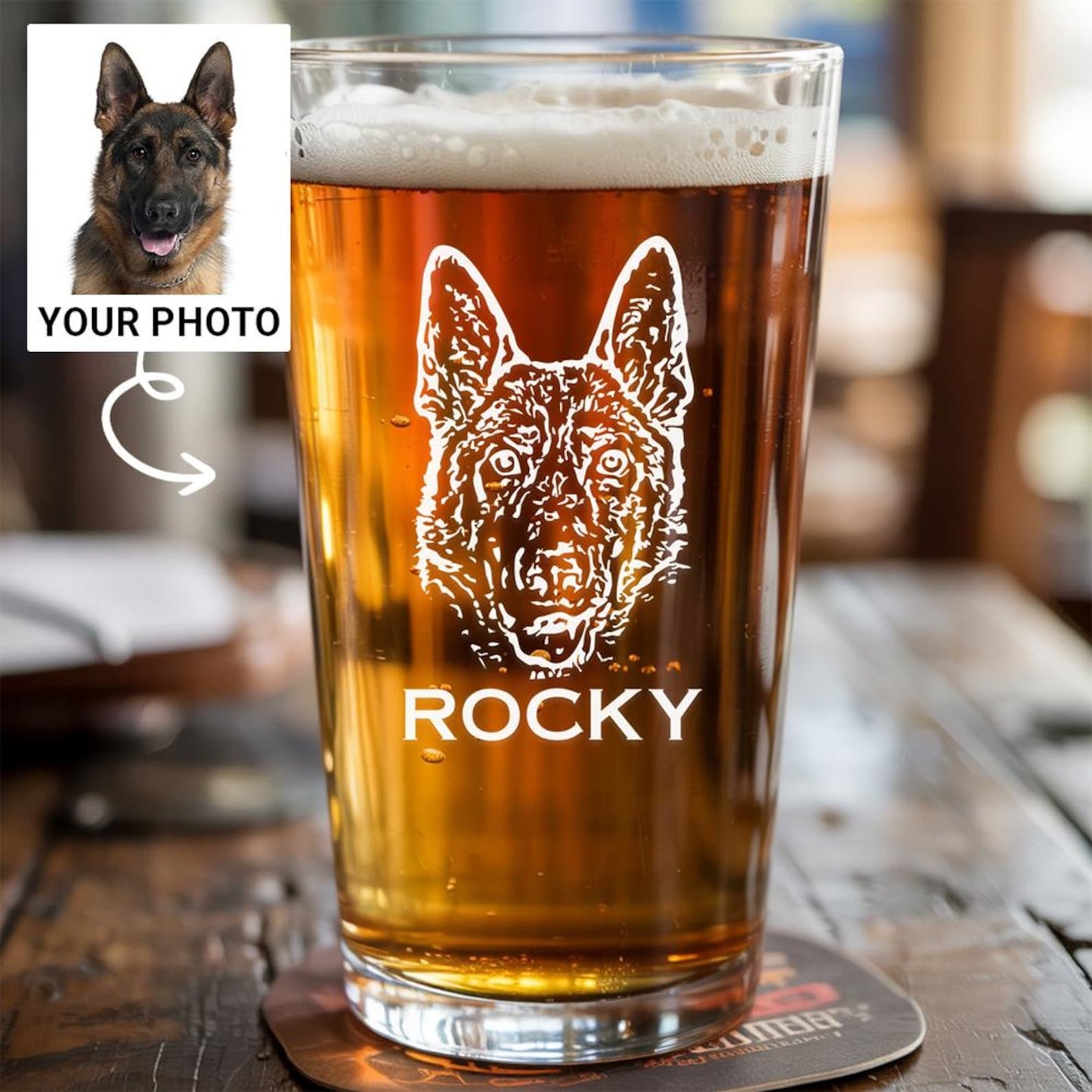 Custom Dog Portrait Beer Glass with Photo & Name – Personalized Photo Dog Portrait Pint Glass – Custom Pet Glass – Dog Lover Gift