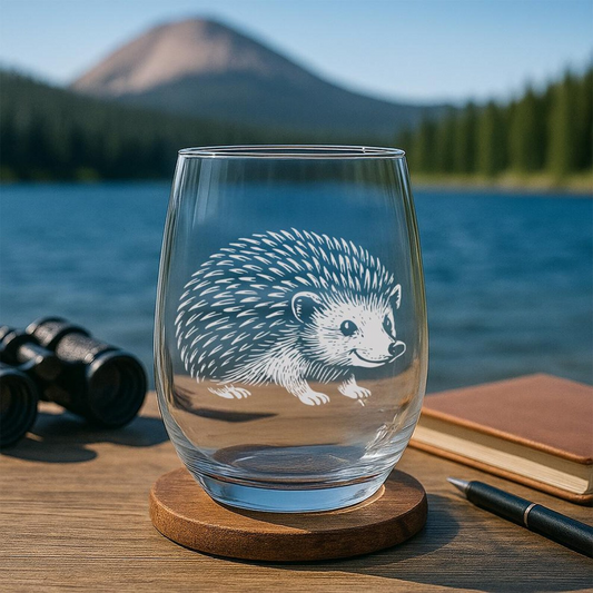 Hedgehog Stemless Wine Glass | Etched Hedgehog Silhouette Wine Glass | Gift for Animal Lovers