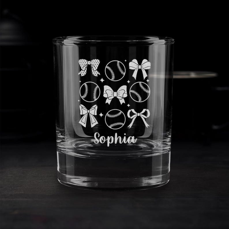 Personalized Baseball And Bow Whiskey Glasses | Engraved Whiskey Glass | Gift For Friend