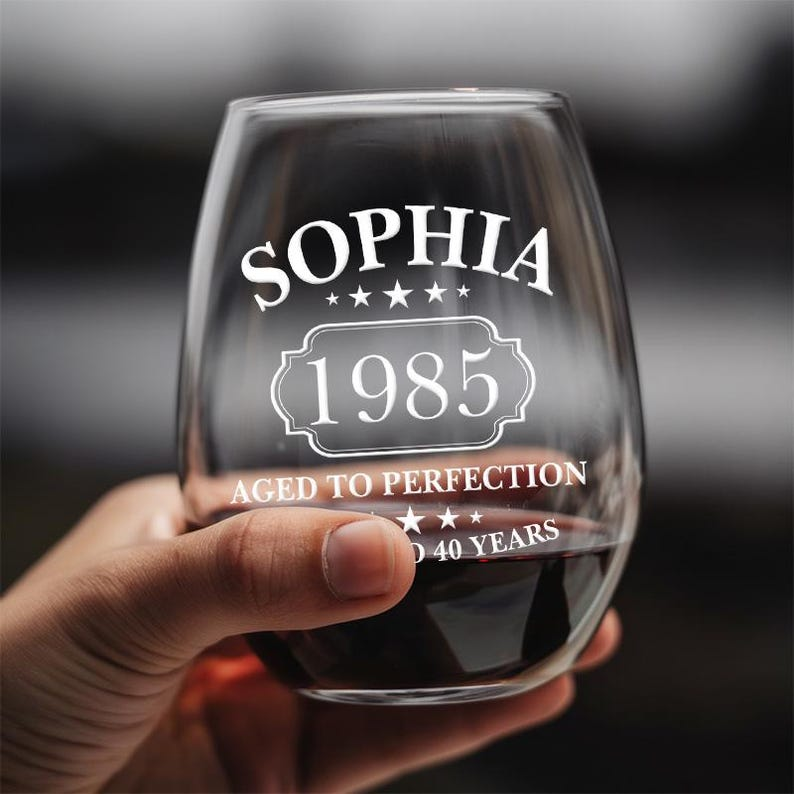 Custom Name And Year Wine Glass | Aged To Perfection Engraved Wine Glass | Birthday Gift