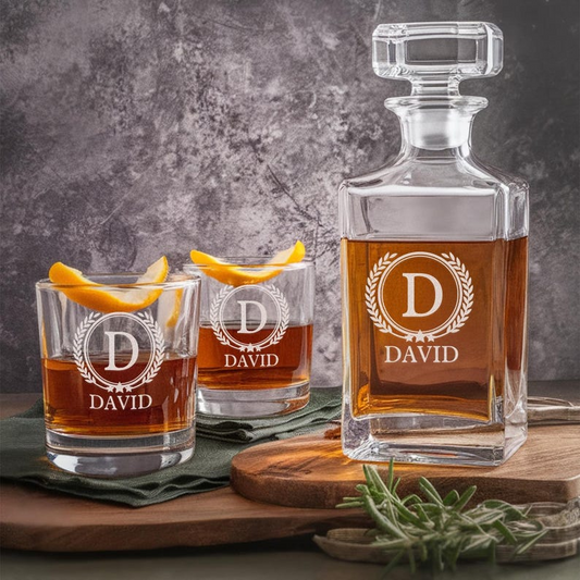 Personalized Initial Letter Of Name Whiskey Glass And Decanter Set | Best Gift For Friend | Engraved Gift For Friend