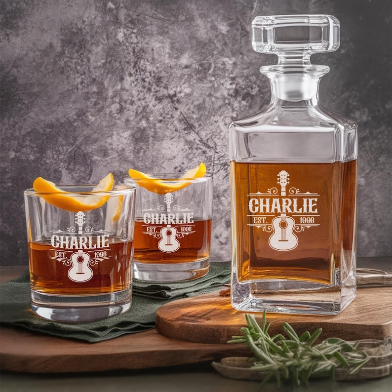 Personalized Logo Name Guitar Player Decanter Set And Whiskey Glasses | Engraved Whiskey Decanter Set | Gift For Music Lover