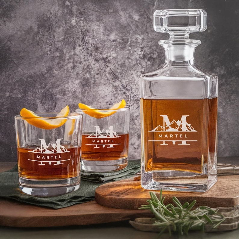 Personalized Monogram Initial Letter Name Decanter Set And Whiskey Glasses | Engraved Whiskey Decanter Set | Birthday Gift