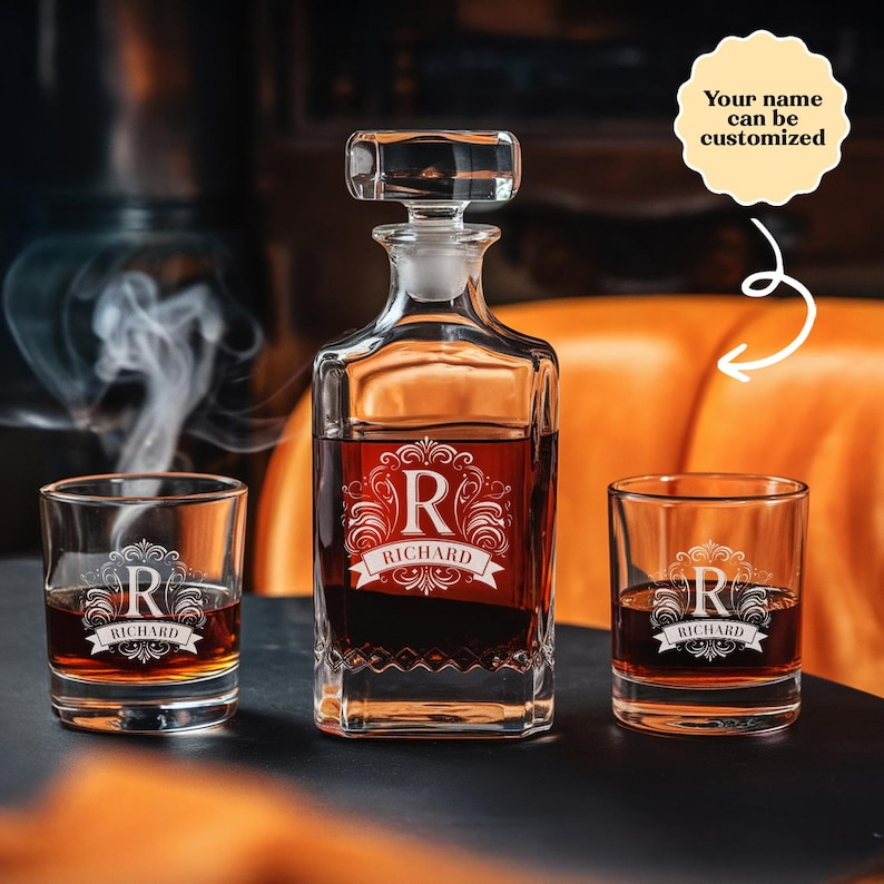 Personalized Monogram Initial Letter Name Decanter Set And Whiskey Glasses | Engraved Whiskey Decanter Set | Birthday Gift