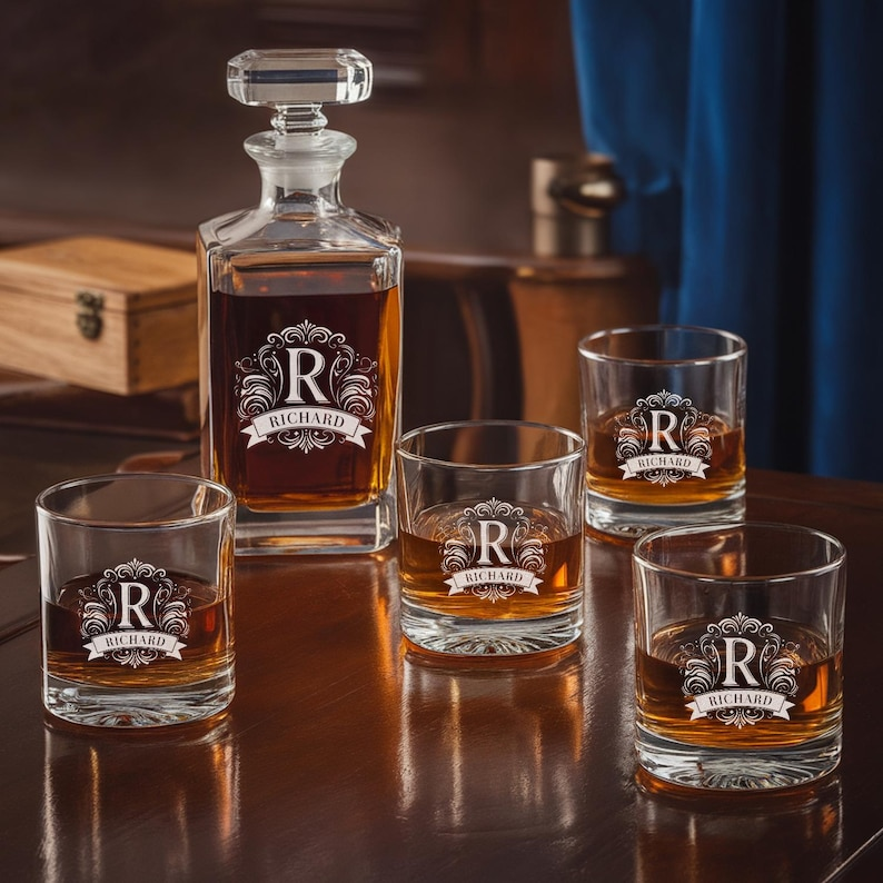Personalized Monogram Initial Letter Name Decanter Set And Whiskey Glasses | Engraved Whiskey Decanter Set | Birthday Gift