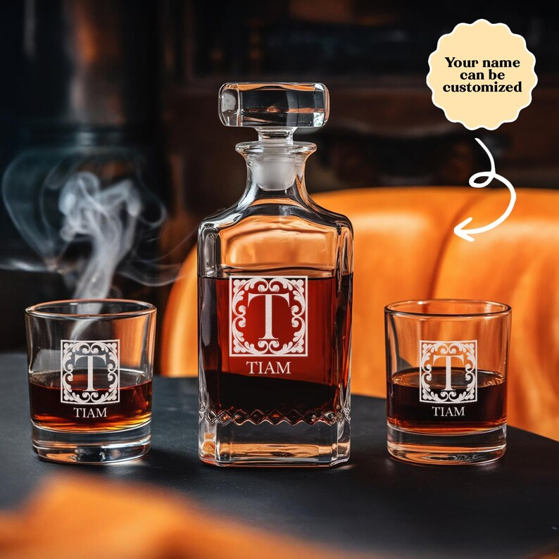 Custom Monogram Initial Letter Name Decanter Set And Whiskey Glasses | Engraved Whiskey Decanter Set | Birthday Gift