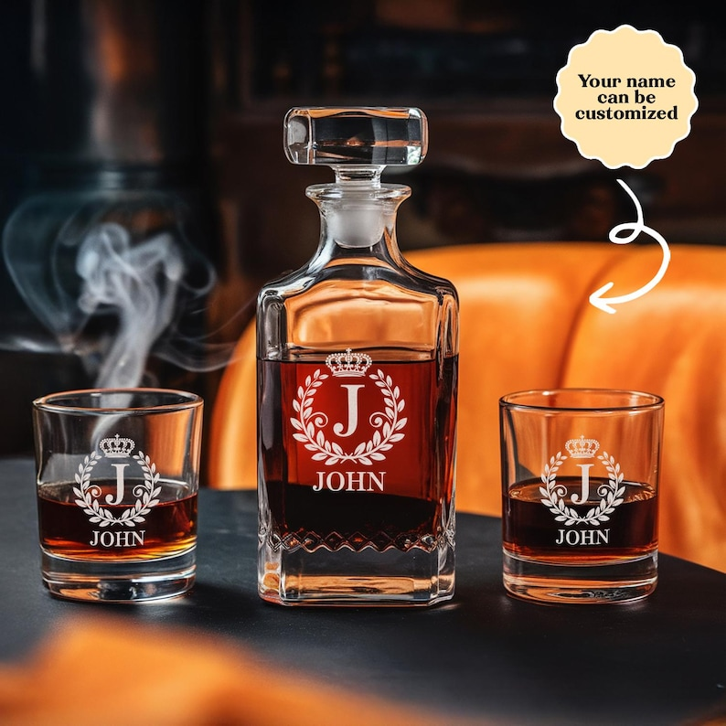 Custom Monogram Initial Letter Name Decanter Set And Whiskey Glasses | Engraved Whiskey Decanter Set | Birthday Gift For Him
