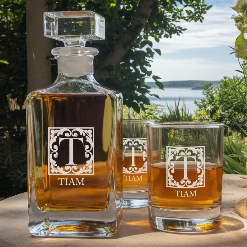 Custom Monogram Initial Letter Name Decanter Set And Whiskey Glasses | Engraved Whiskey Decanter Set | Birthday Gift