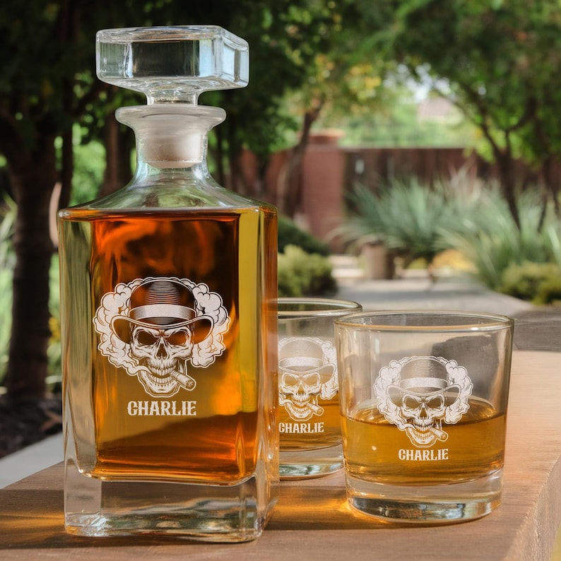 Personalized Name Skull Cigar Decanter Set And Whiskey Glasses | Engraved Whiskey Decanter Set | Gift For Dad