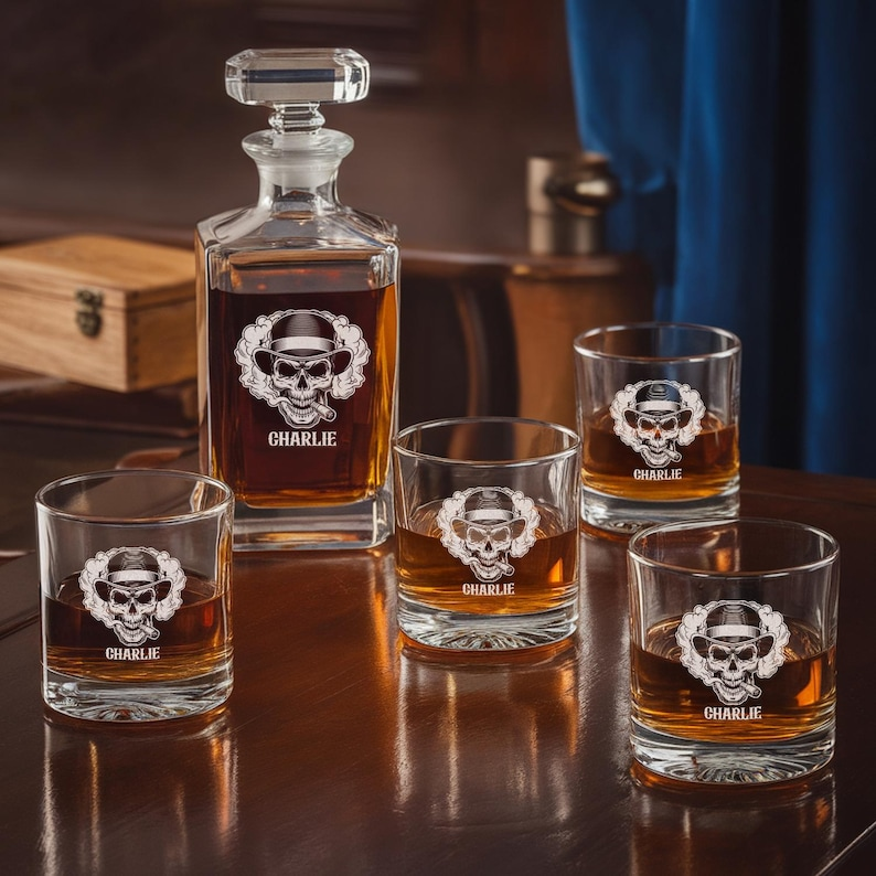 Personalized Name Skull Cigar Decanter Set And Whiskey Glasses | Engraved Whiskey Decanter Set | Gift For Dad