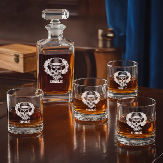 Personalized Name Skull Cigar Decanter Set And Whiskey Glasses | Engraved Whiskey Decanter Set | Gift For Dad