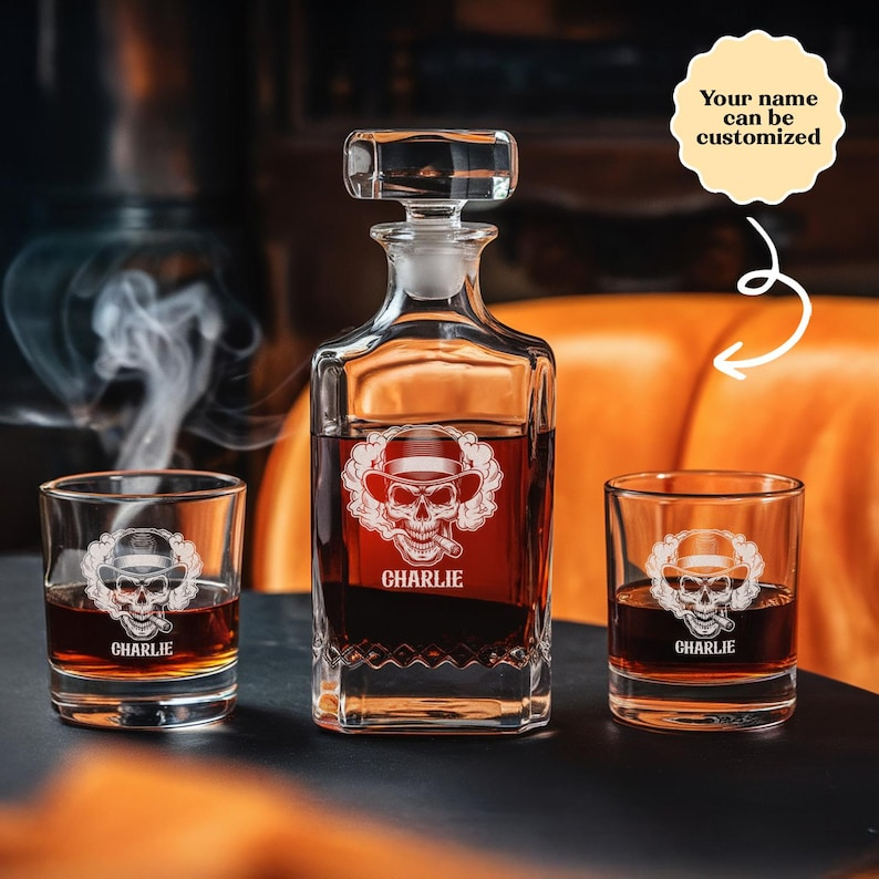 Personalized Name Skull Cigar Decanter Set And Whiskey Glasses | Engraved Whiskey Decanter Set | Gift For Dad