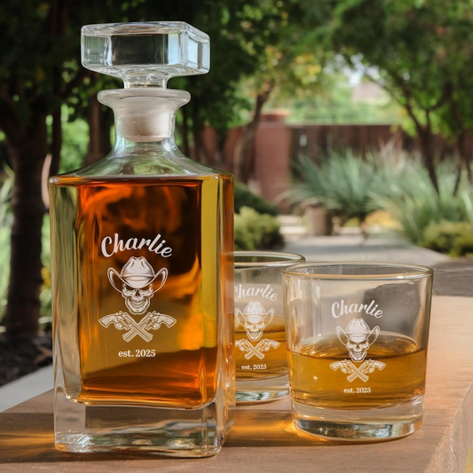 Personalized Name Skull Decanter Set And Whiskey Glasses | Engraved Whiskey Decanter Set | Gift For Dad