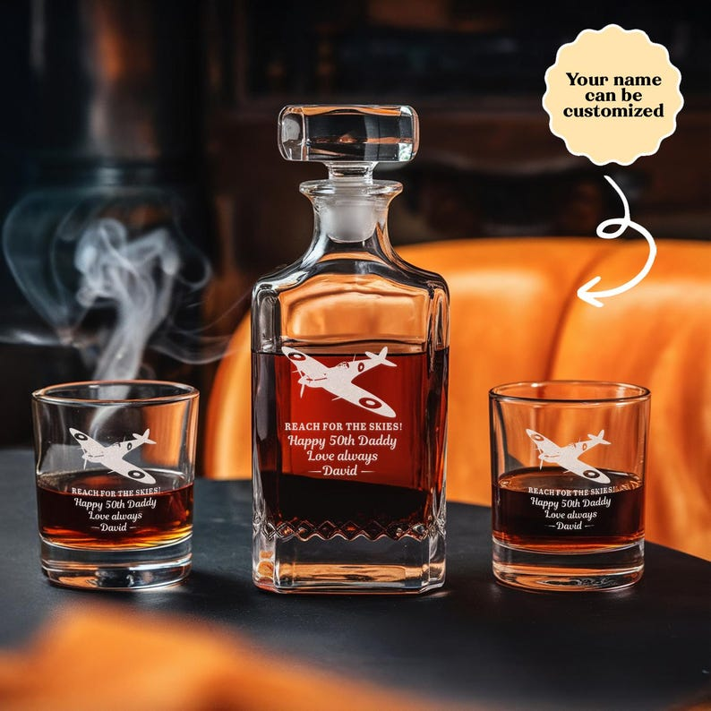 Personalized Name Reach For The Skies Decanter Set And Whiskey Glasses | Engraved Name Whiskey Decanter Set | Gift For Dad