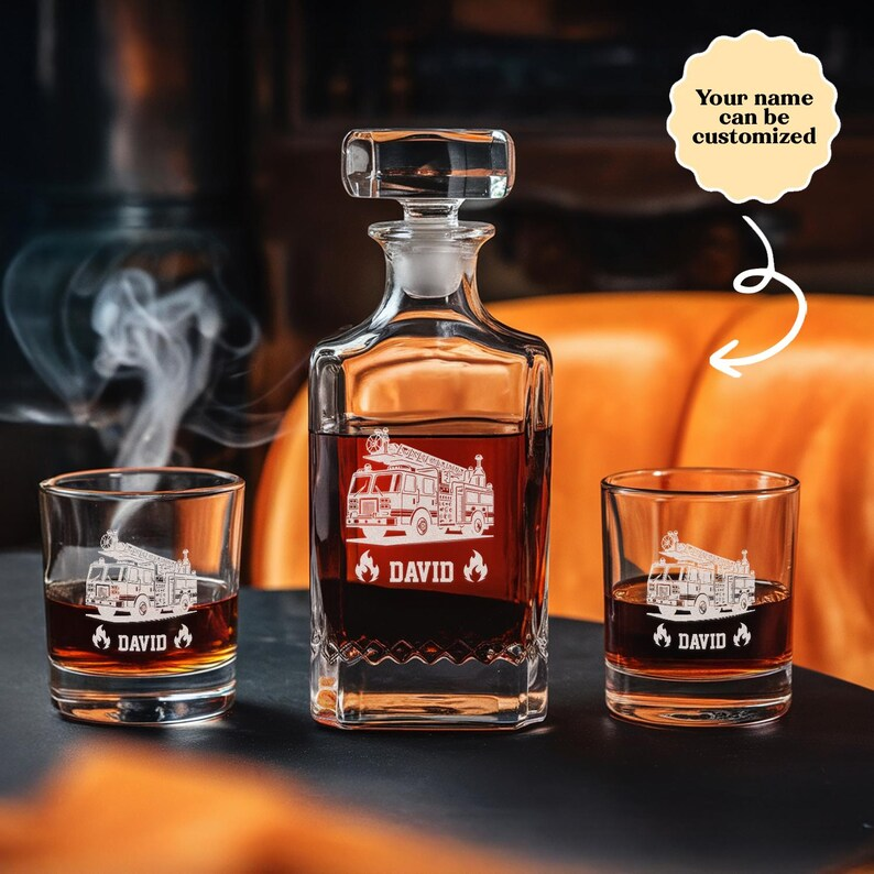 Personalized Fire Truck Decanter Set And Whiskey Glasses | Engraved Name Whiskey Decanter Set | Gift For Dad