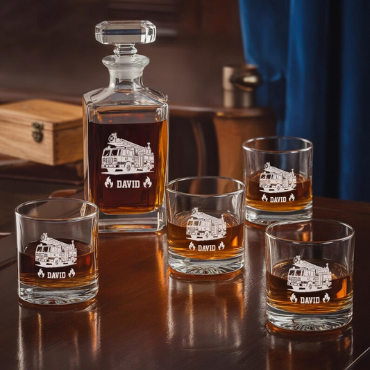 Personalized Fire Truck Decanter Set And Whiskey Glasses | Engraved Name Whiskey Decanter Set | Gift For Dad