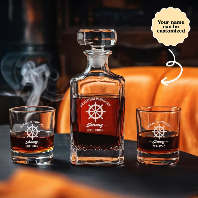 Custom Anchor Name Decanter Set And Whiskey Glasses | Engraved Whiskey Decanter Set | Gift For Captain