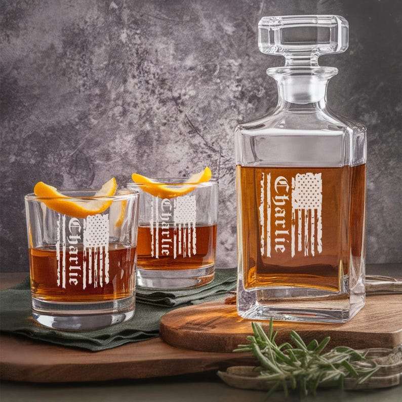 Personalized Name American Flag Decanter Set And Whiskey Glasses | Engraved Whiskey Decanter Set | Gift For Dad