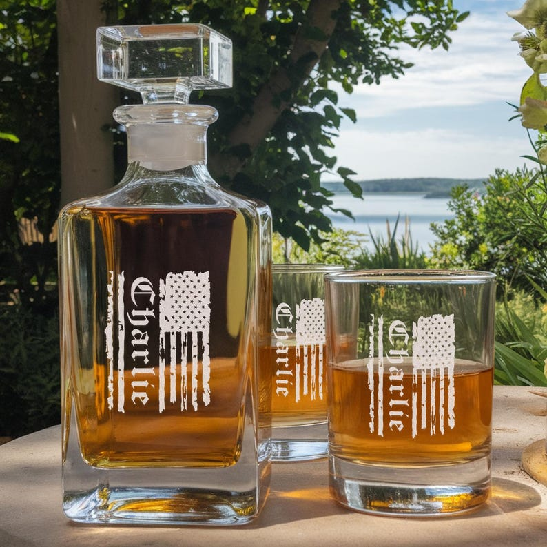 Personalized Name American Flag Decanter Set And Whiskey Glasses | Engraved Whiskey Decanter Set | Gift For Dad