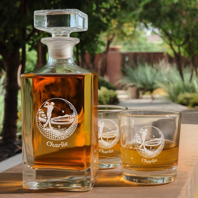 Peronalized Golfer Name Decanter Set And Whiskey Glasses | Engraved Whiskey Decanter Set | Gift For Golf Lover