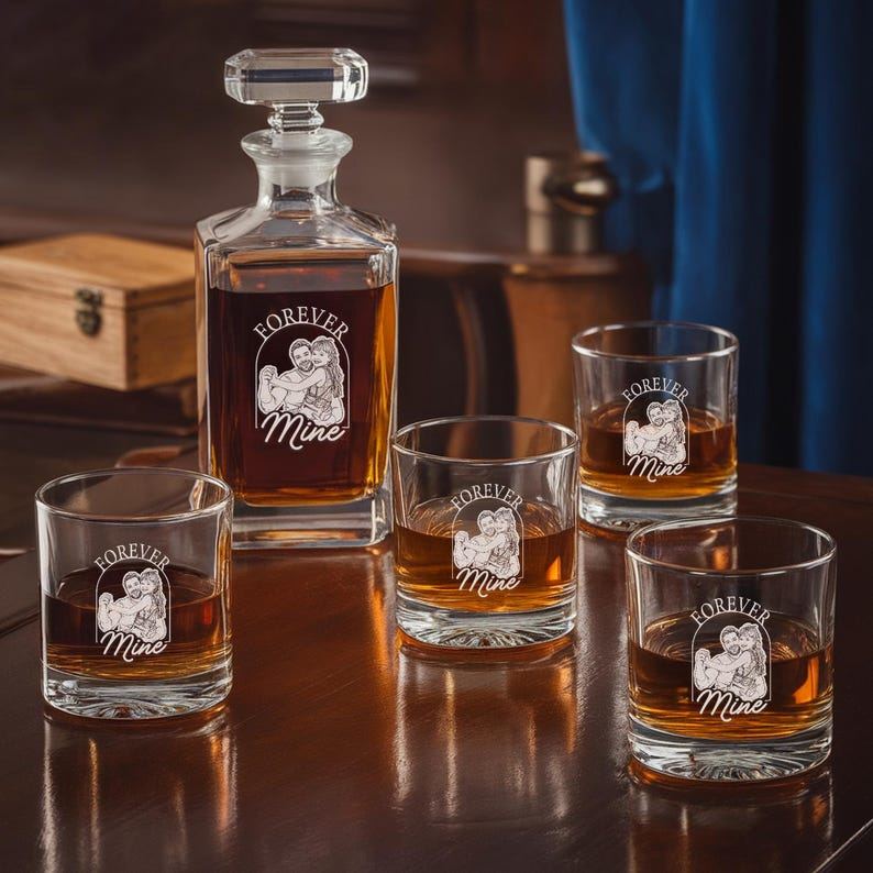 Custom Photo Daddy Forever Mine Decanter Set And Whiskey Glasses | Engraved Whiskey Decanter Set | Birthday Gift For Dad