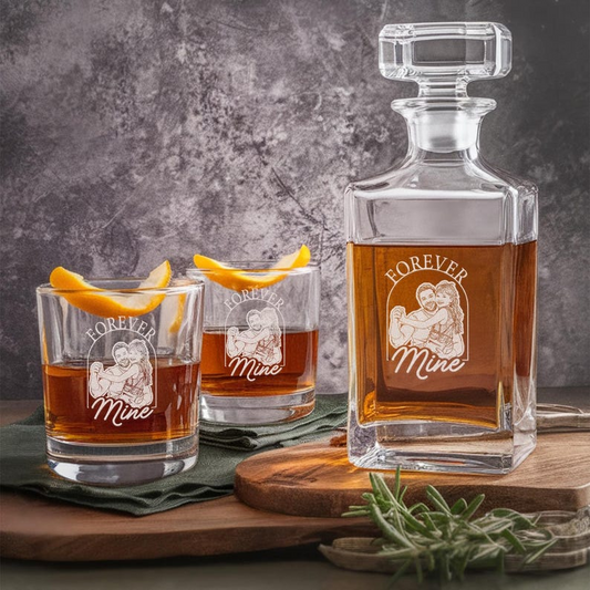 Custom Photo Daddy Forever Mine Decanter Set And Whiskey Glasses | Engraved Whiskey Decanter Set | Birthday Gift For Dad